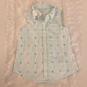 Girls Sleeveless collared shirt with colorful fuzzy accents